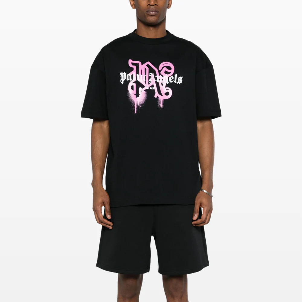 Palm Angels Miami Sprayed Monogram Logo T-Shirt - Black/Pink